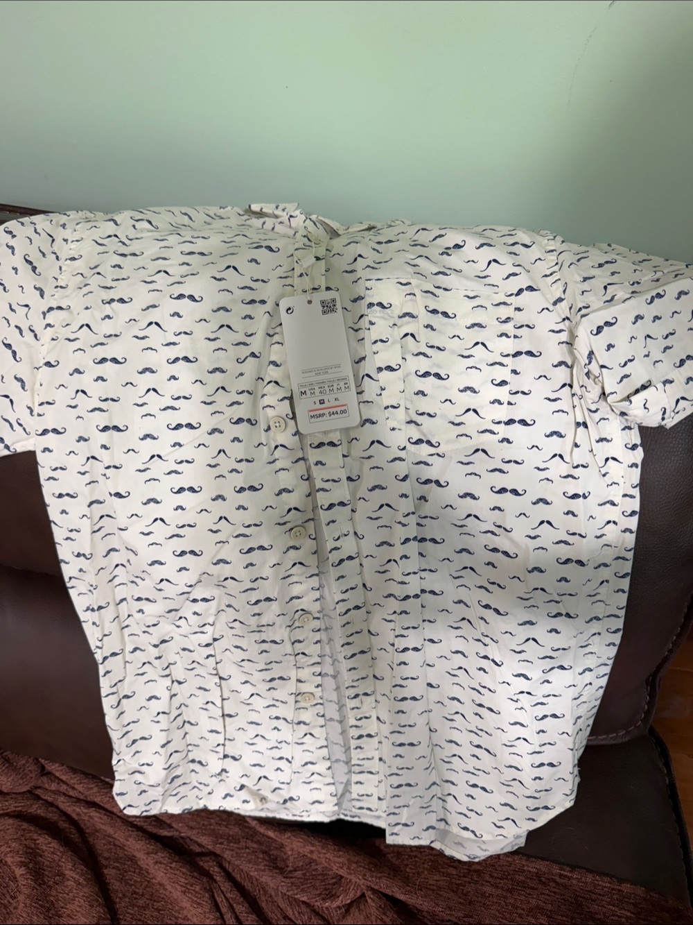 Denim & Flower White Short-Sleeve Button-Down Shirt with Navy Mustache Print